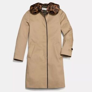 Coach Leather Trim Coat with Faux Fur Collar – Beige – Size 2